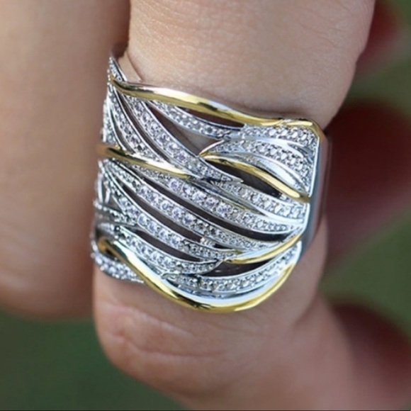 NEW TWO TONE 925 STERLING SILVER DIAMOND RING - Picture 2 of 6